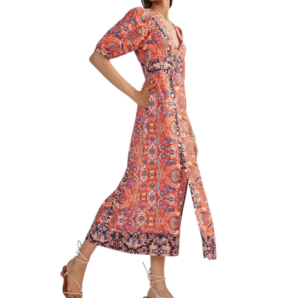Anthropologie Floral Maxi Dress Boho Double Slit Front V Neck Multi Color Size 6